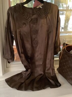 See By Chloe Taupe Lace-Collar Satin Top